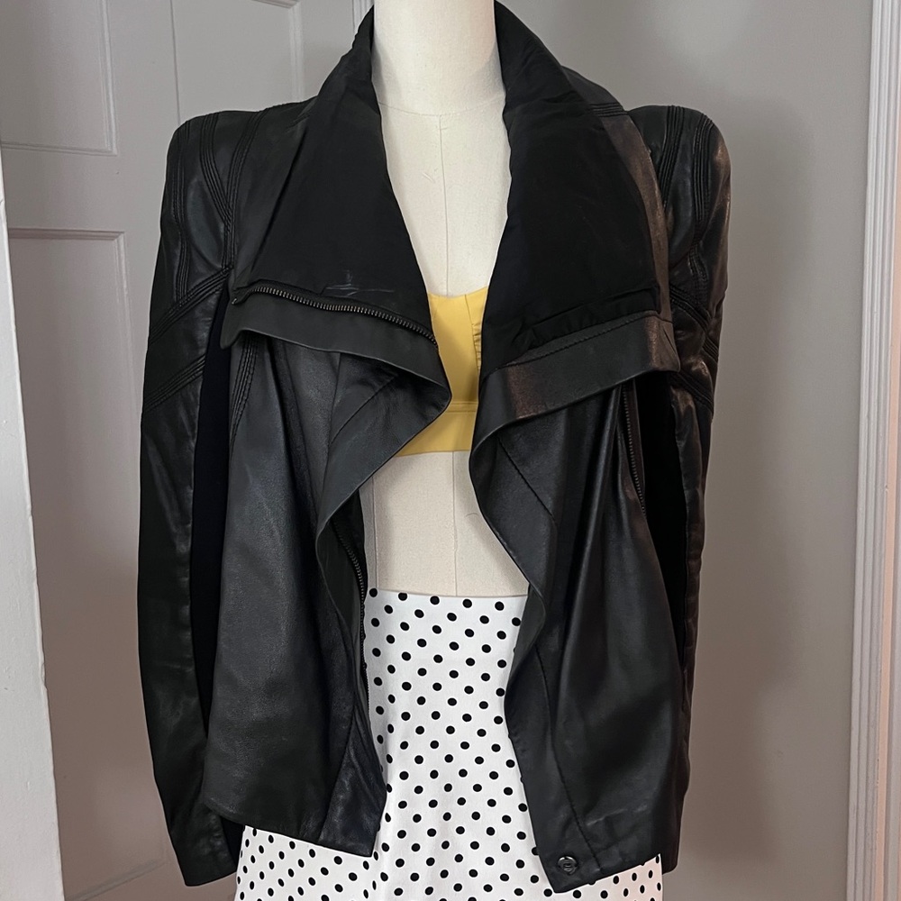 BCBG leather moto jacket with feminine sleeves SZ Small